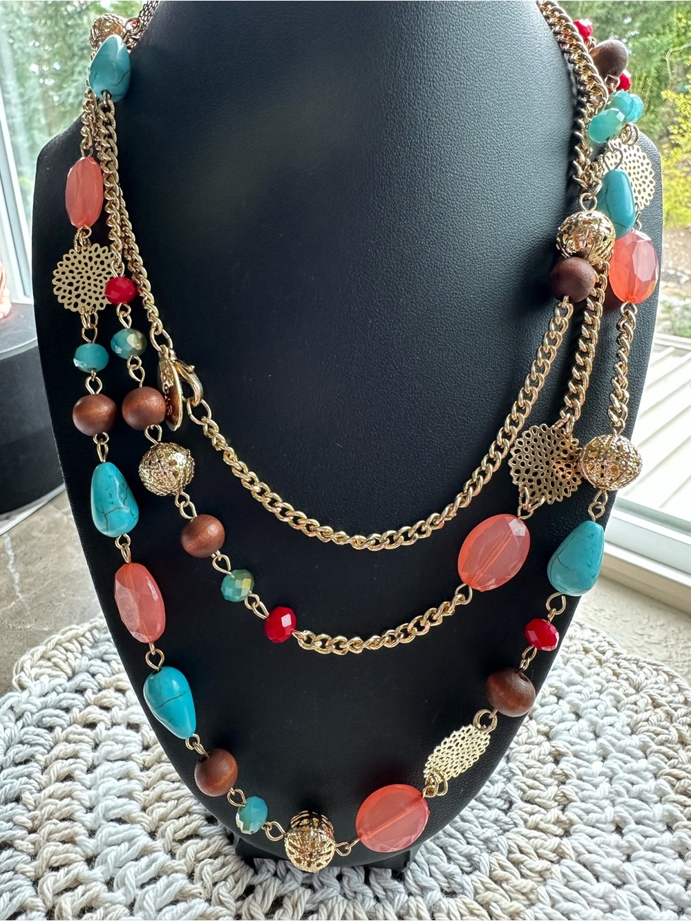 Gold Multi-Strand Turquoise & Coral Bead Necklace